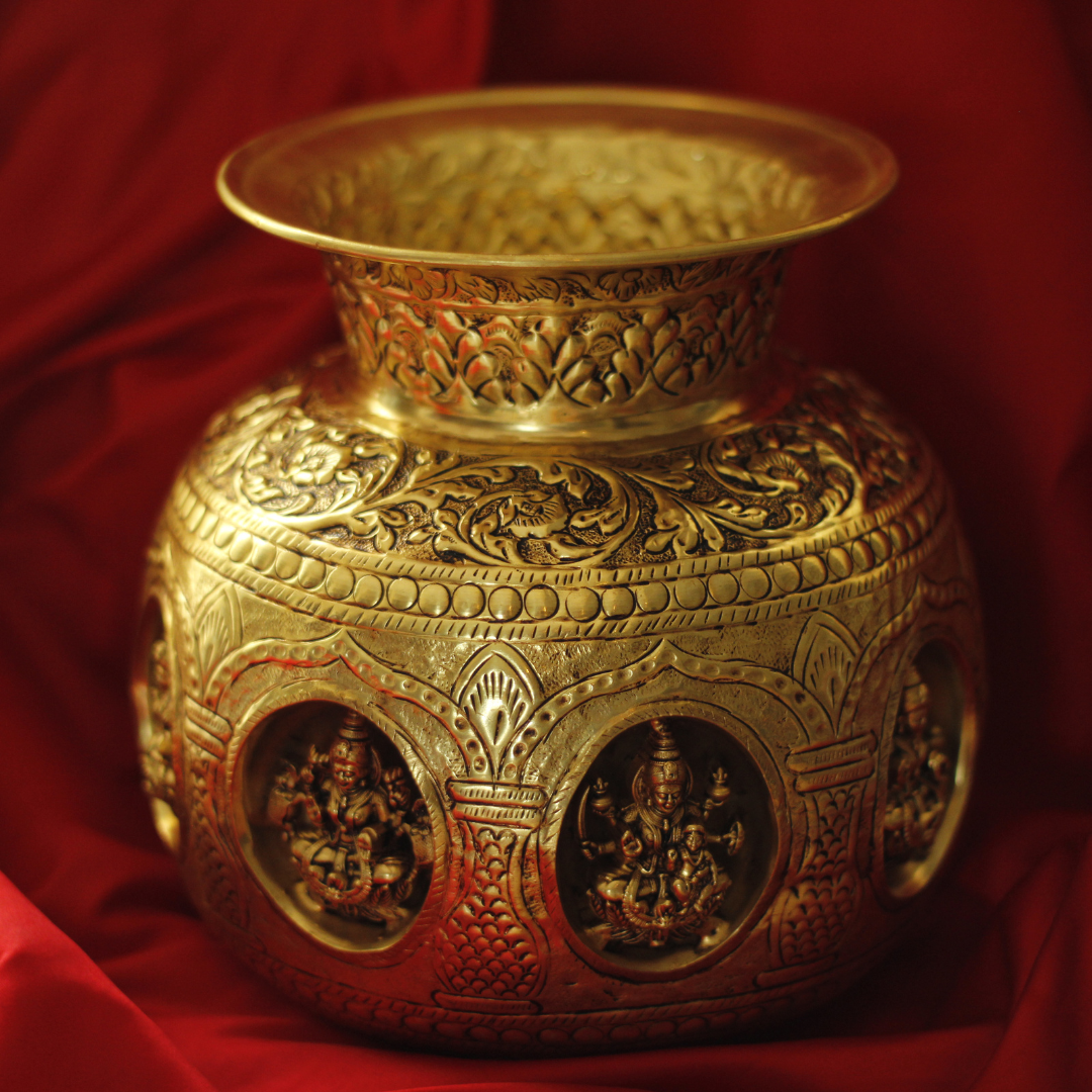 Jumbo Gold Brass AshtaLaxmi Kalash for Abundance and Wealth | Laxmi Poojan Kalash | Invite Prosperity