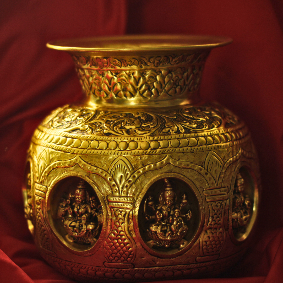 Jumbo Gold Brass AshtaLaxmi Kalash for Abundance and Wealth | Laxmi Poojan Kalash | Invite Prosperity