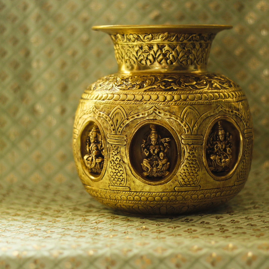 Jumbo Gold Brass AshtaLaxmi Kalash for Abundance and Wealth | Laxmi Poojan Kalash | Invite Prosperity