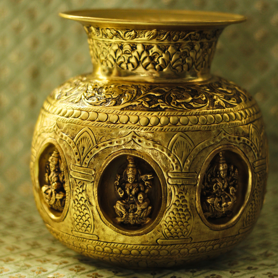 Jumbo Gold Brass AshtaLaxmi Kalash for Abundance and Wealth | Laxmi Poojan Kalash | Invite Prosperity