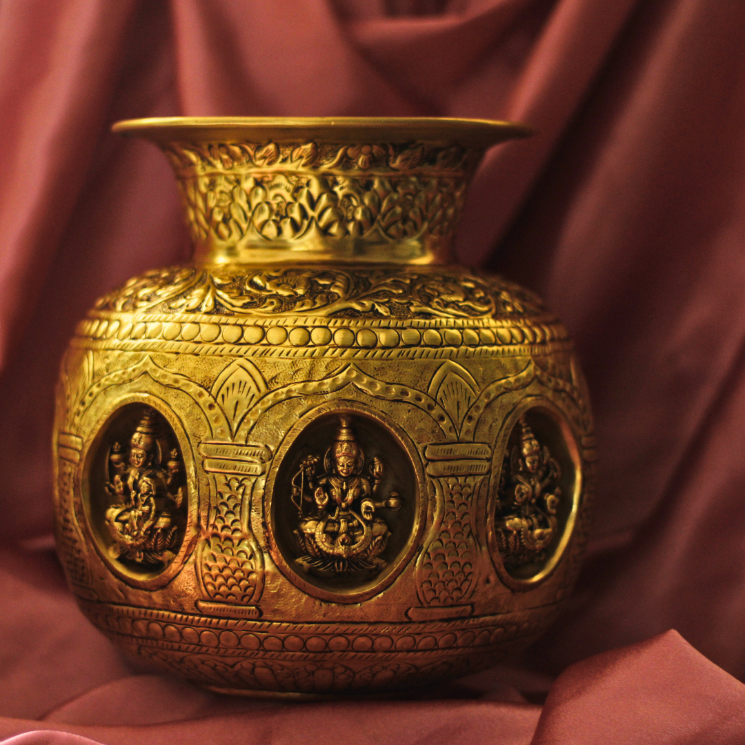 Jumbo Gold Brass AshtaLaxmi Kalash for Abundance and Wealth | Laxmi Poojan Kalash | Invite Prosperity