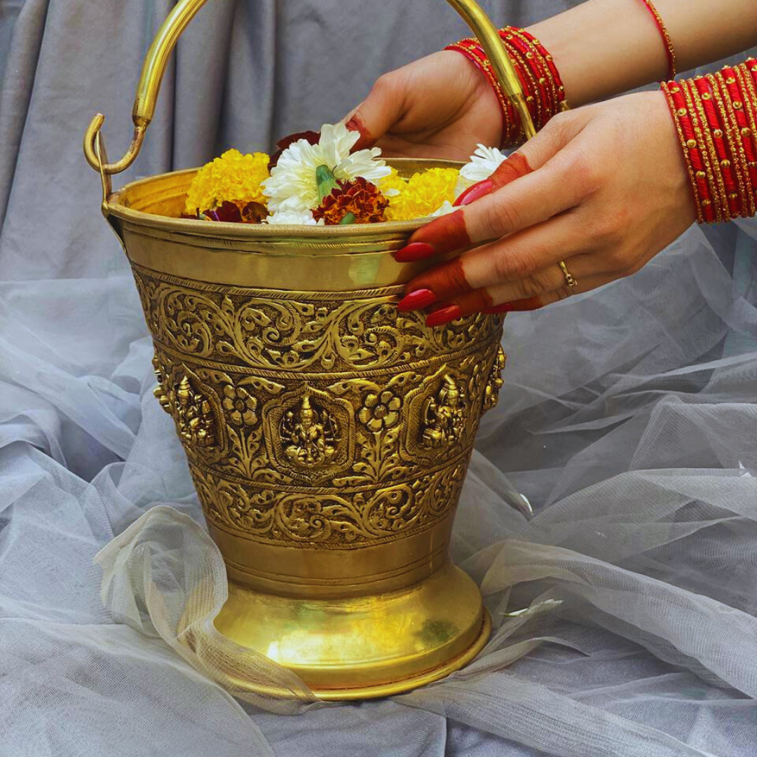 Jumbo Gold Brass Handmade Ashtalaxmi Bucket for Abundance and Prosperity | Pital Bucket for Lakshmi Poojan | Invite Blessings
