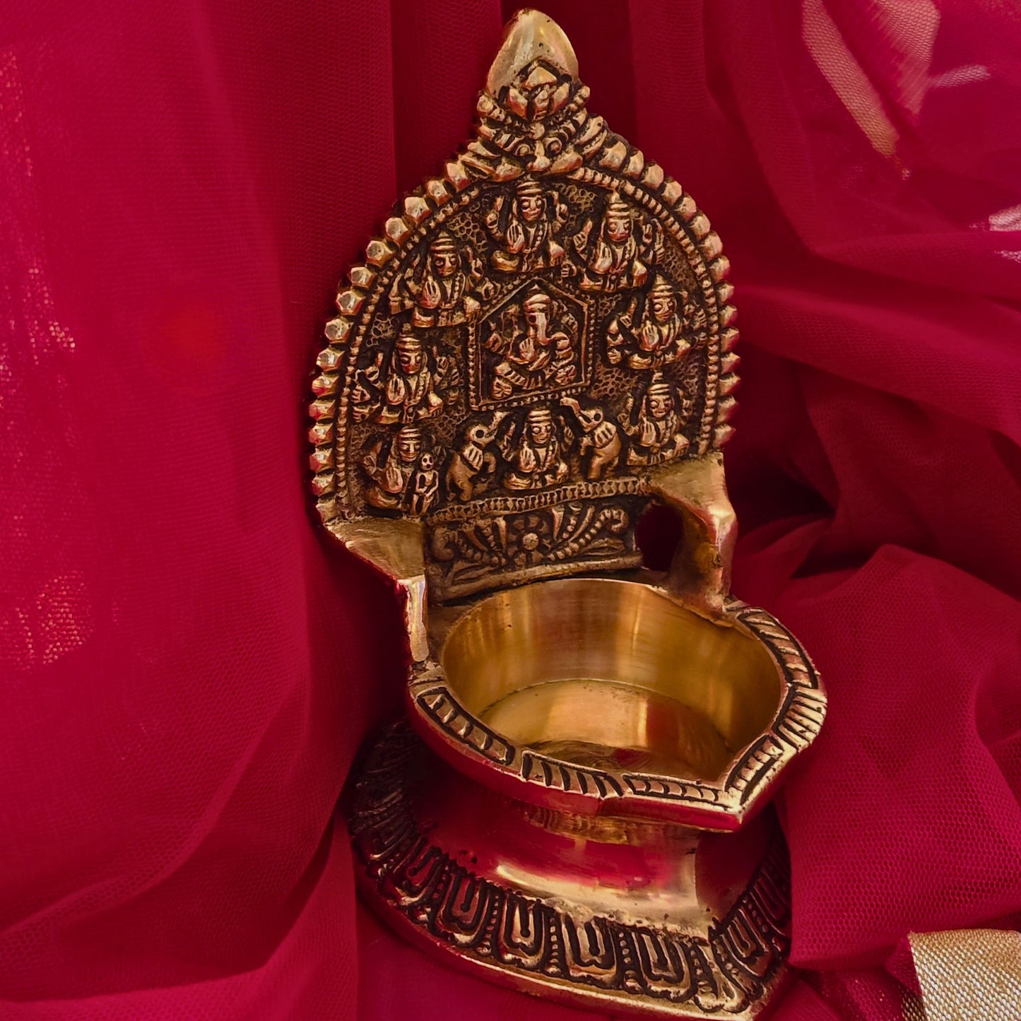 Superfine Gold Brass Ganesh Ashtalaxmi Diya for Prosperity and Abundance | Handcrafted Divine Brass | Gift Box