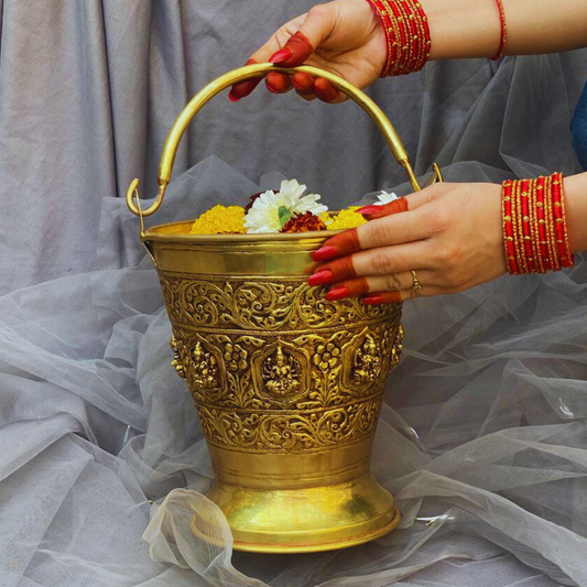 Jumbo Gold Brass Handmade Ashtalaxmi Bucket for Abundance and Prosperity | Pital Bucket for Lakshmi Poojan | Invite Blessings