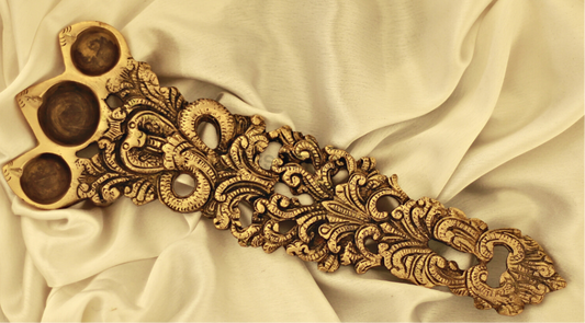 Large Antique Brass Arti Diya with Intricate Serpent Energy Handle | Sheeshnag design