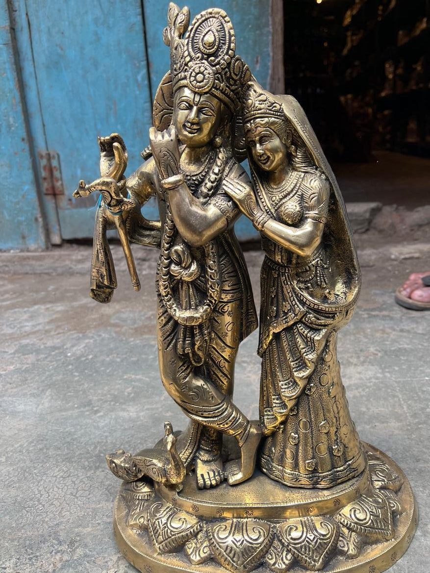 Handcrafted Large Superfine Radha Krishna Pure Brass Statue Idol in Vintage Finish| Heavy Gauge Standing Sculpture | 9 kgs | 1.25 feet | Bring Home Blessings & Abundance | Luxury Gifting for House Warming and Weddings