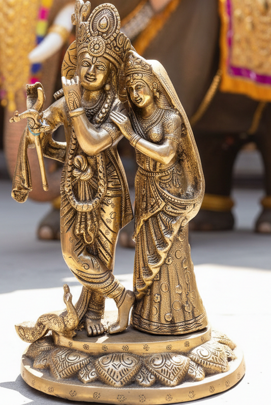 Handcrafted Large Superfine Radha Krishna Pure Brass Statue Idol in Vintage Finish | Heavy Gauge Standing Sculpture | Bring Home Blessings