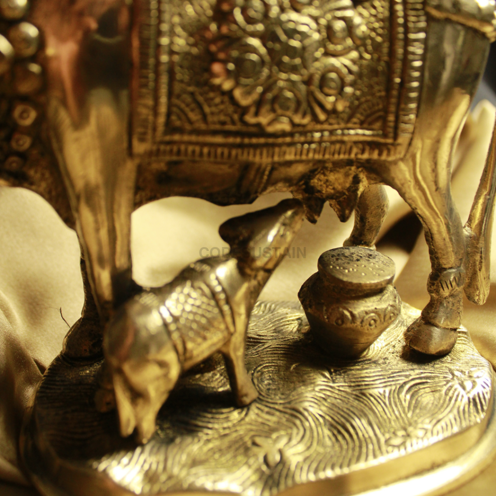 Veda Antique Finish Kamadhenu Cow And Calf Idol L Purifying