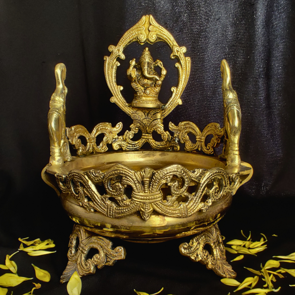 Antique Brass Large Ganesha Urli | Pooja Urli Ganesha Urli - 8 inches Puja item