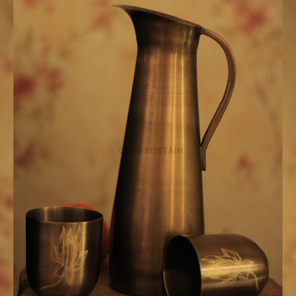 Sudha Antique Brass Water Jug | Pitcher With 2 Tumbler Serveware