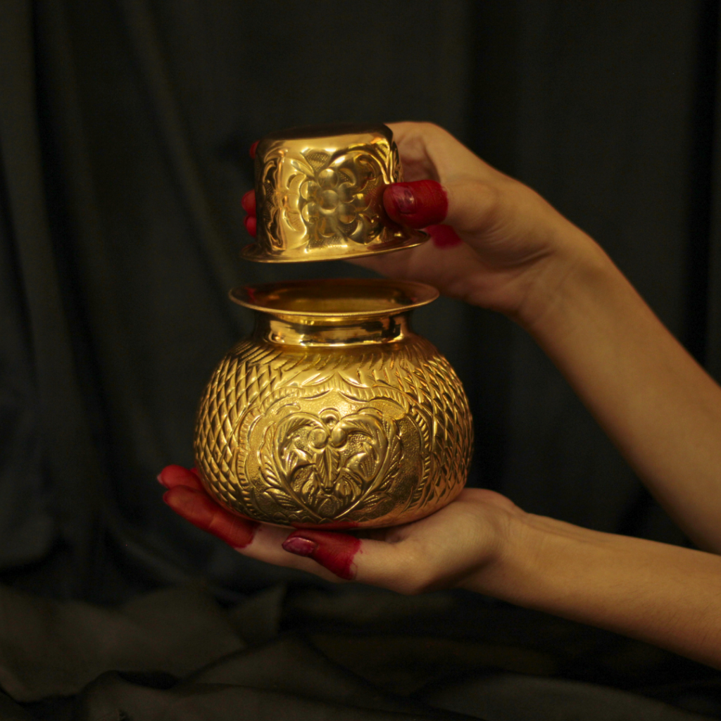 Auspicious Gold Brass Kalash - Elegance for Spiritual Spaces | Welcome Prosperity Kalash with Cup