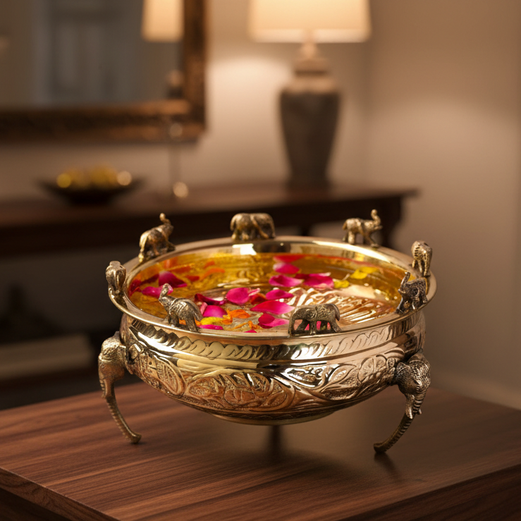Large Handcrafted Brass Urli with Intricate Elephant Shaped Legs | Codesustain | Gift Box