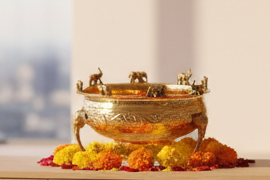 Large Handcrafted Brass Urli with Intricate Elephant Shaped Legs | Codesustain | Gift Box