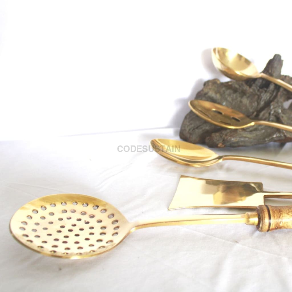 Copy Of Ays Brass Cooking Ladles With Wooden Handles (Set 5)