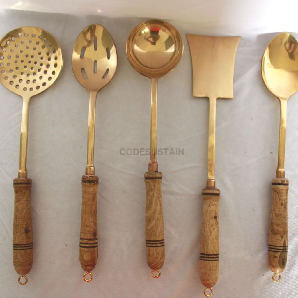 Copy Of Ays Brass Cooking Ladles With Wooden Handles (Set 5)