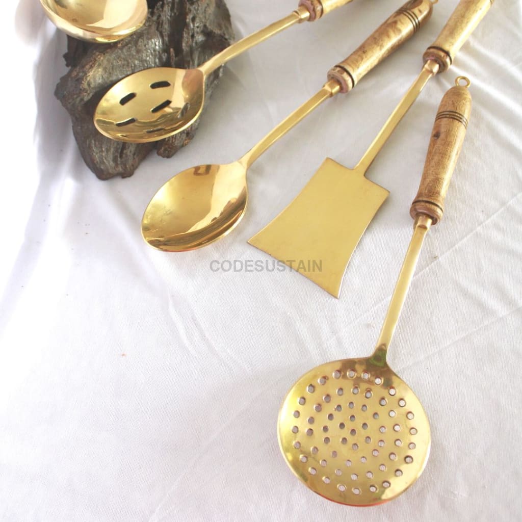 Copy Of Ays Brass Cooking Ladles With Wooden Handles (Set 5)