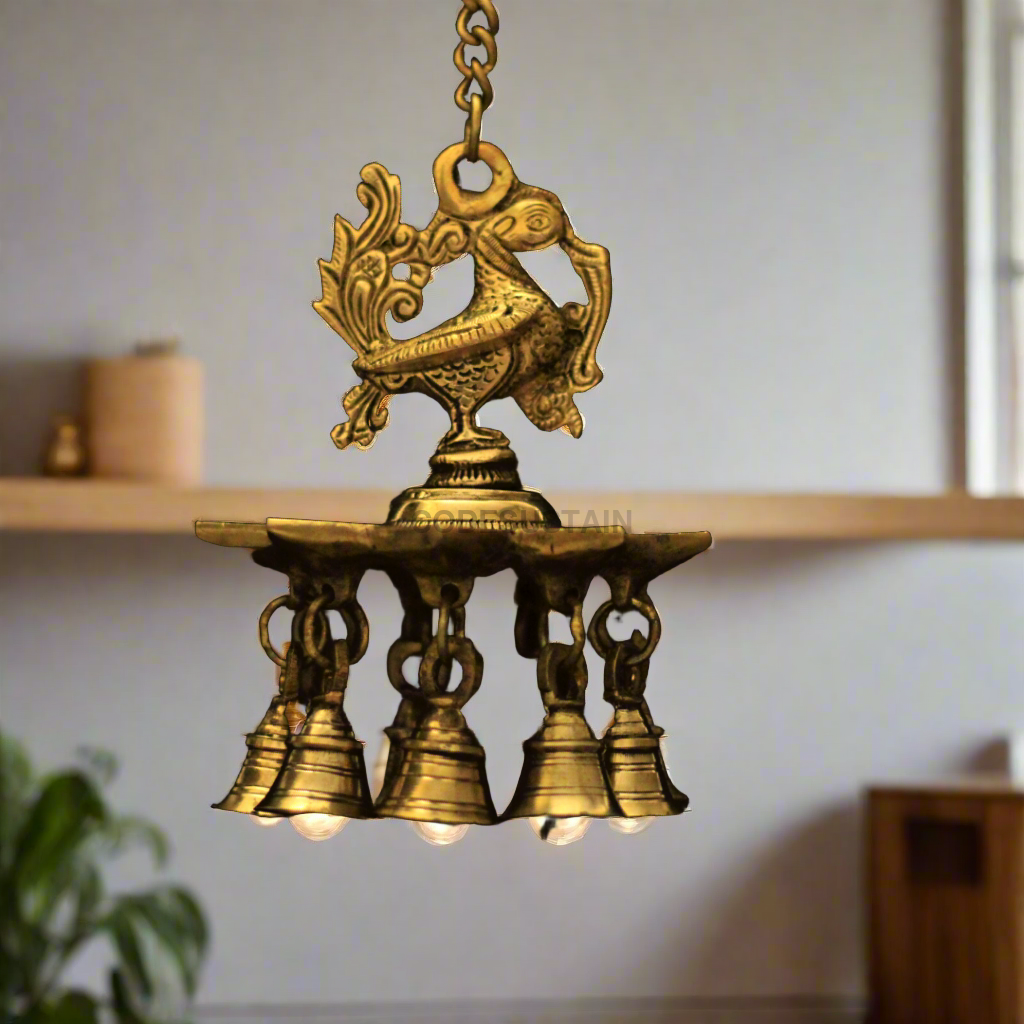 Fine Brass Vintage Peacock Hanging Diya With Bells Puja Item