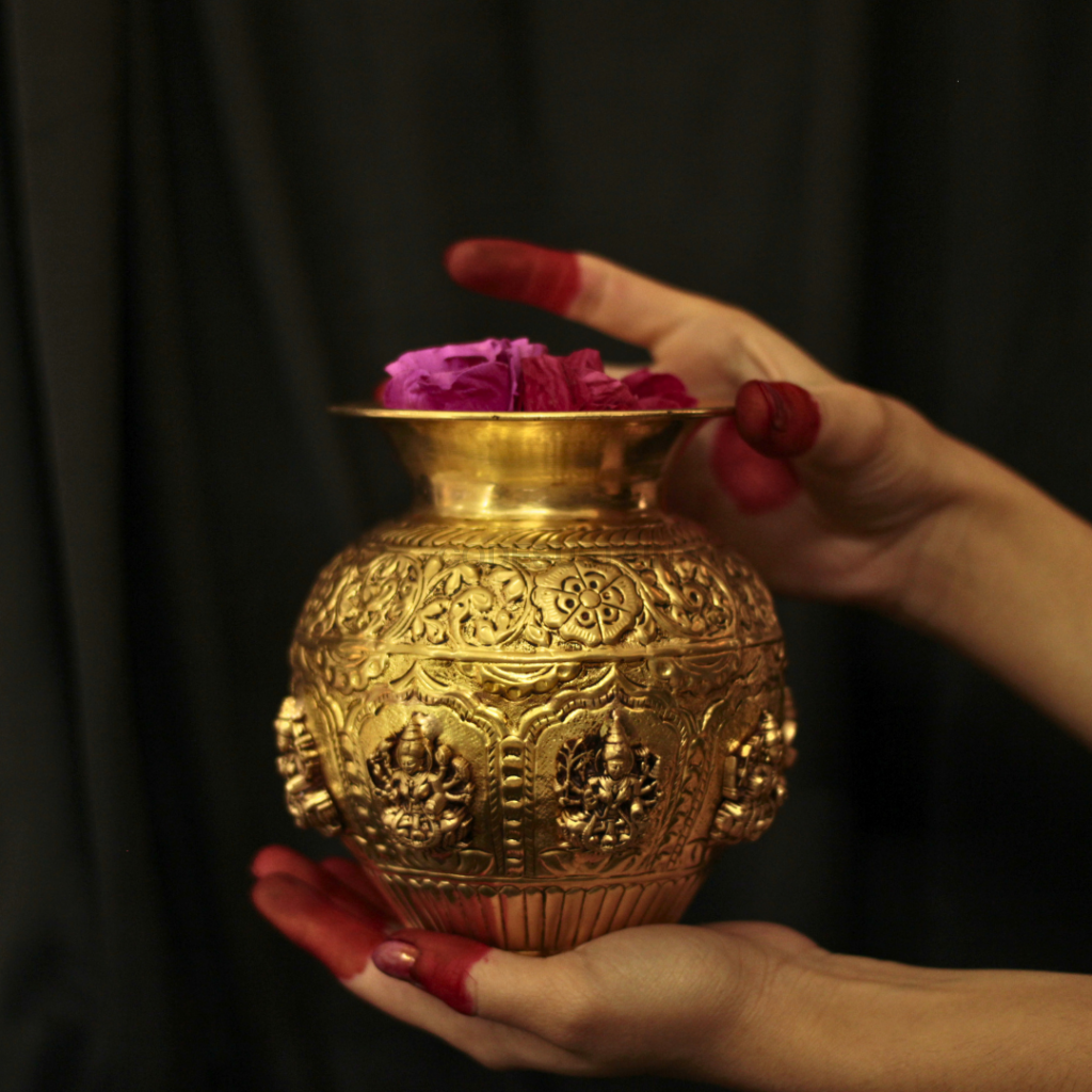 Gold Brass Ashta Lakshmi Avatar Kalash | 8 Laxmi Avatar Kalash for Pooja | Divine Kalasham for Wealth & Prosperity