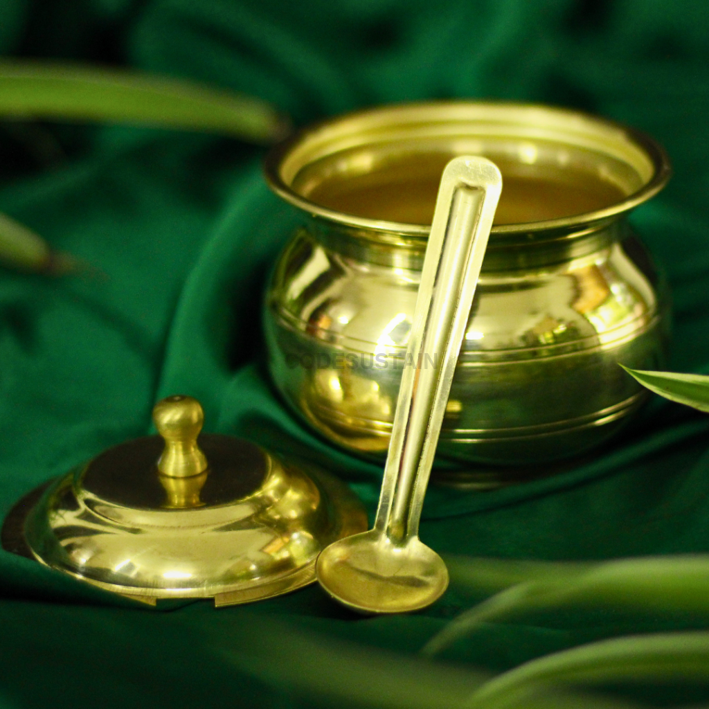 Gold Brass Ghee Pot with Spoon Kitchenware