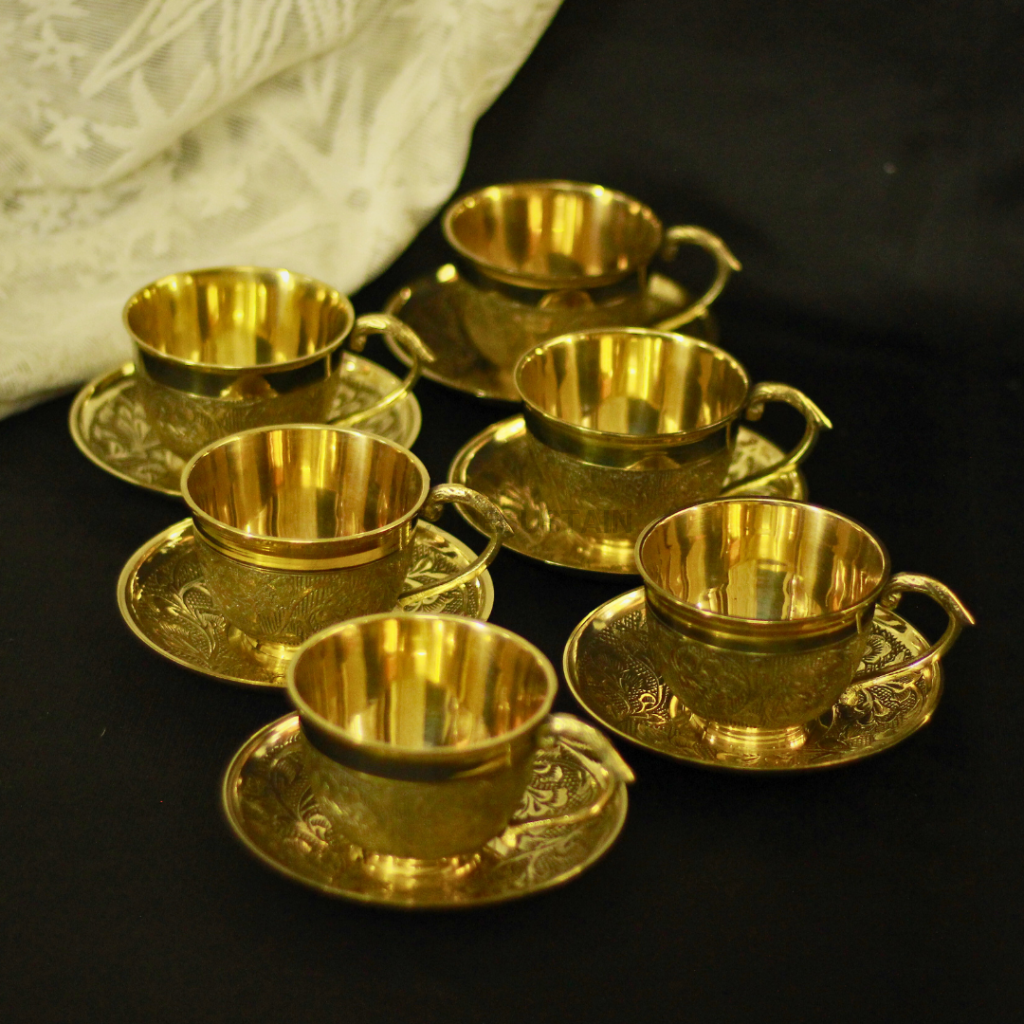 Gold Brass High Tea Set with 6 Cup Saucers | Tea Set with Gift Box with 16 pcs | English Tea Set Drinkware