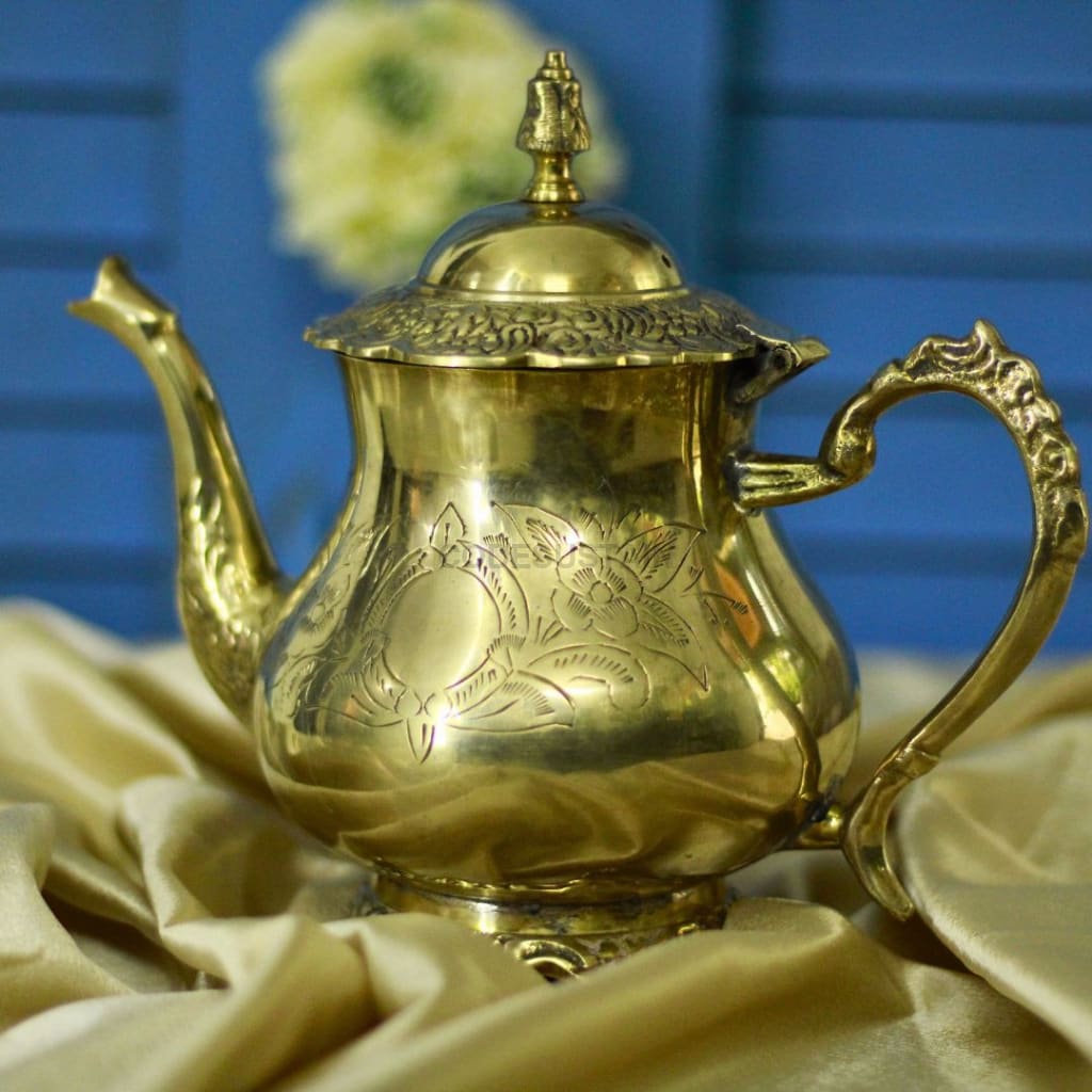 Gold Brass High Tea Set with 6 Cup Saucers | Tea Set with Gift Box with 16 pcs | English Tea Set Drinkware