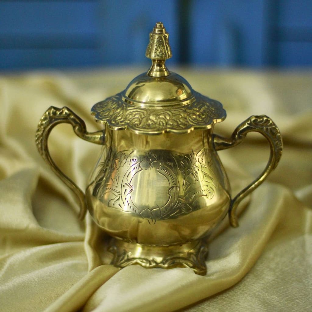 Gold Brass High Tea Set with 6 Cup Saucers | Tea Set with Gift Box with 16 pcs | English Tea Set Drinkware