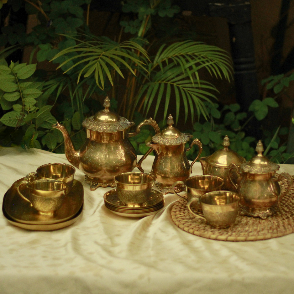 Gold Brass High Tea Set with 6 Cup Saucers | Tea Set with Gift Box with 16 pcs | English Tea Set Drinkware