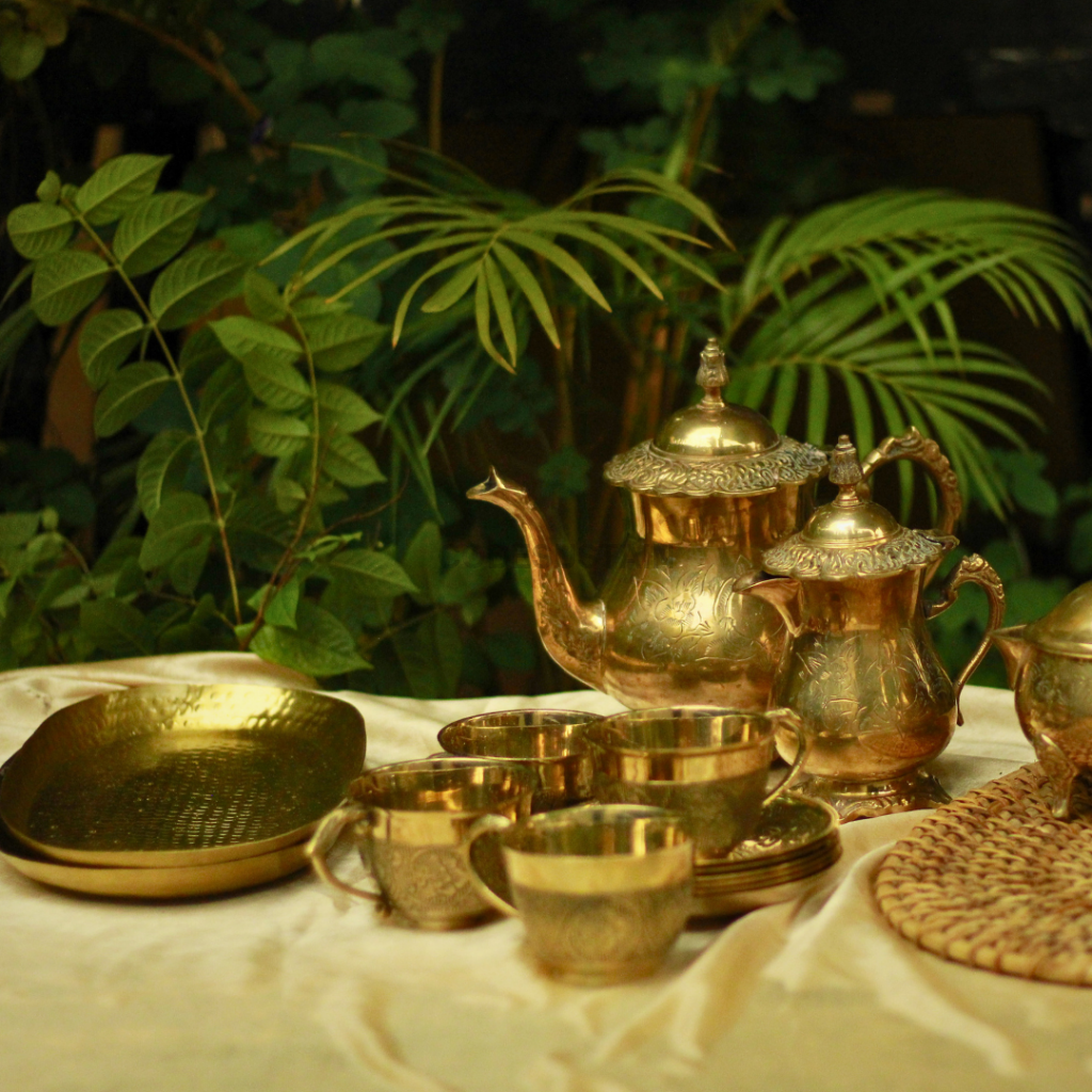 Gold Brass High Tea Set with 6 Cup Saucers | Tea Set with Gift Box with 16 pcs | English Tea Set Drinkware