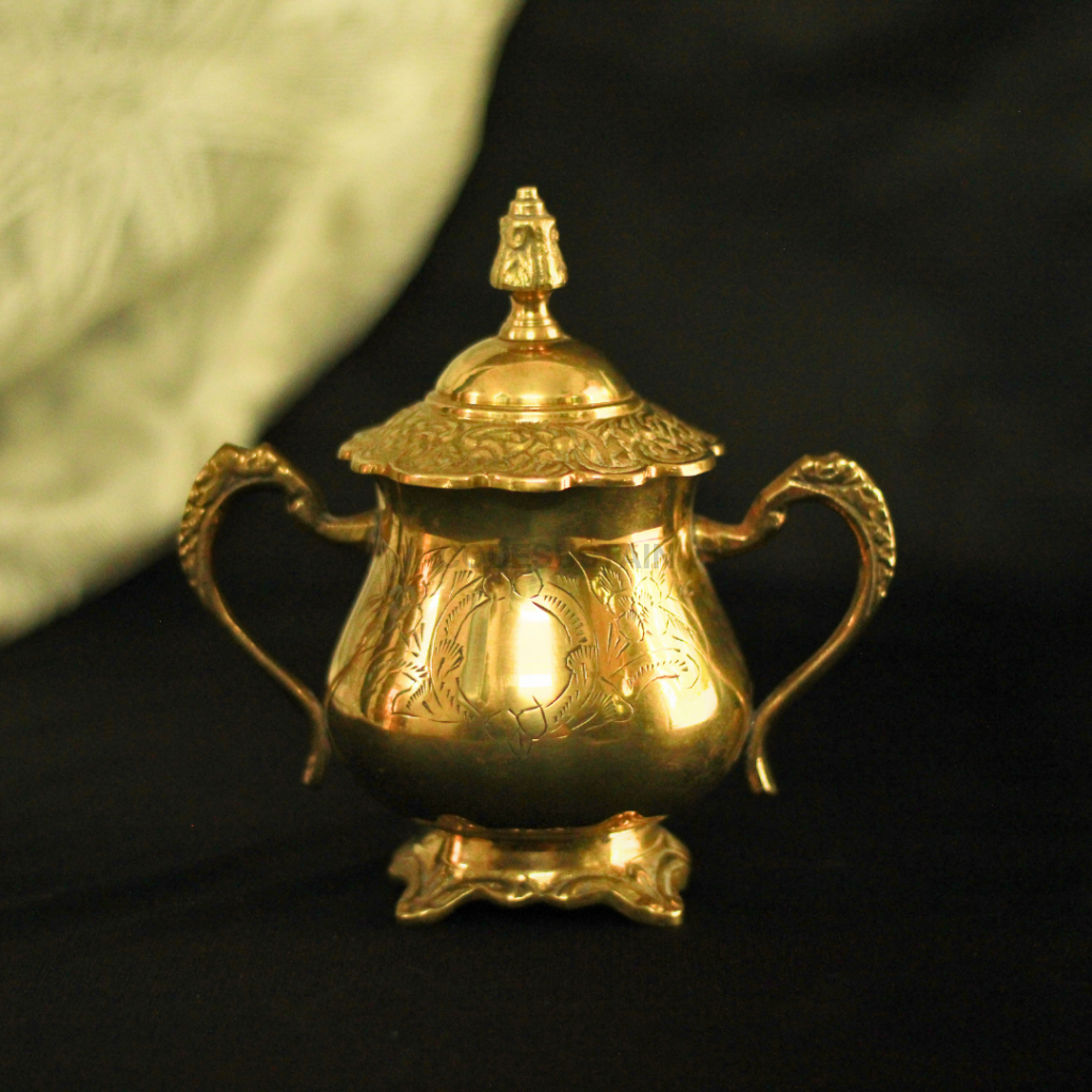 Gold Brass High Tea Set with 6 Cup Saucers | Tea Set with Gift Box with 16 pcs | English Tea Set Drinkware