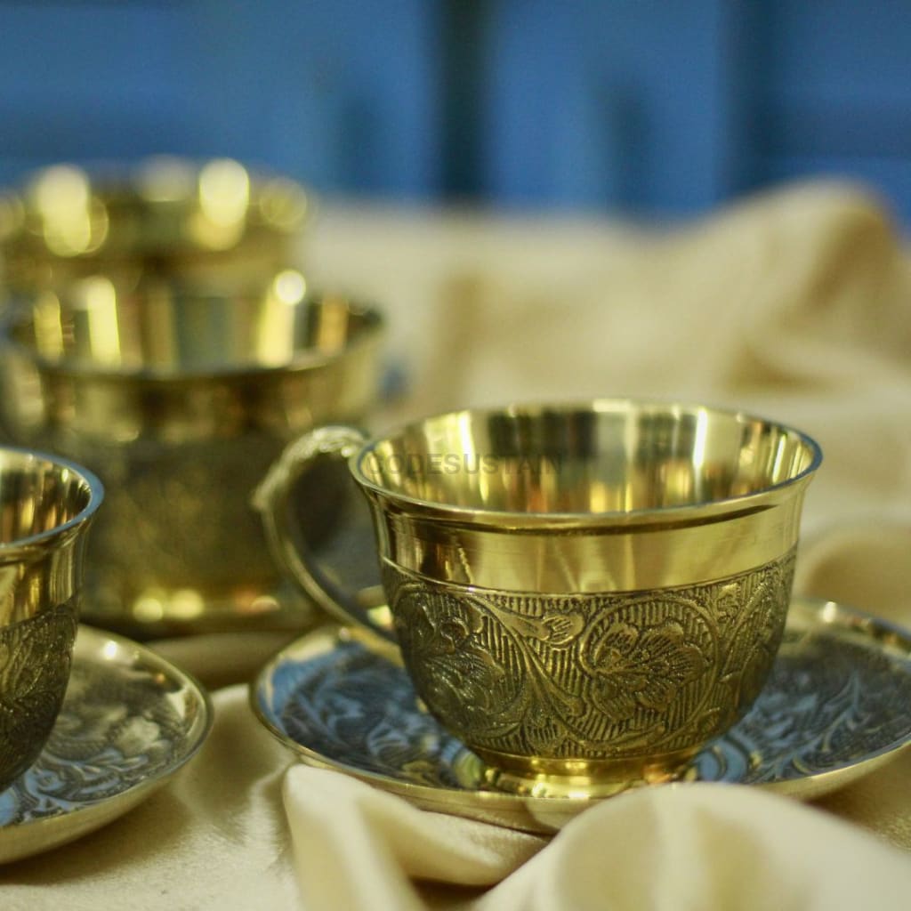 Gold Brass High Tea Set with 6 Cup Saucers | Tea Set with Gift Box with 16 pcs | English Tea Set Drinkware