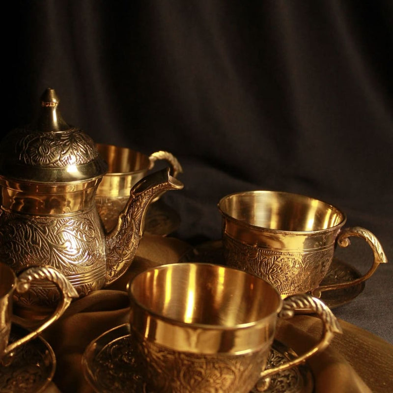Gold Brass Tea Set | Coffee Beverage Pot With Set Of 2