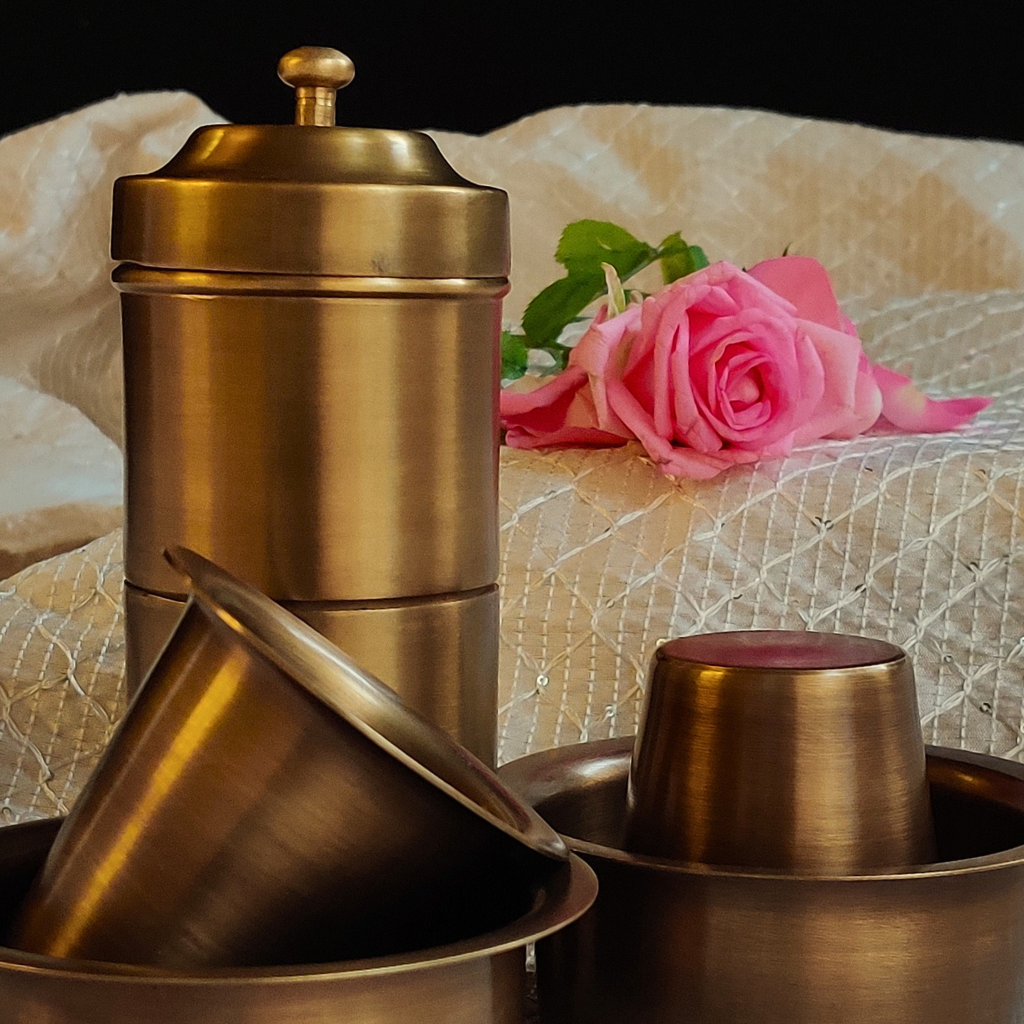 Handmade Brass Coffee Filter with Davara Set | Coffee Set in a Gift Box Antique Finish Set with 2 Davaras Tableware
