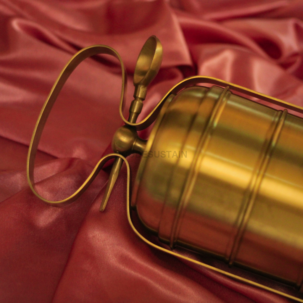 Handmade Brass Tiffin Box with Spoon | 3 layer Tiffin Box Serveware