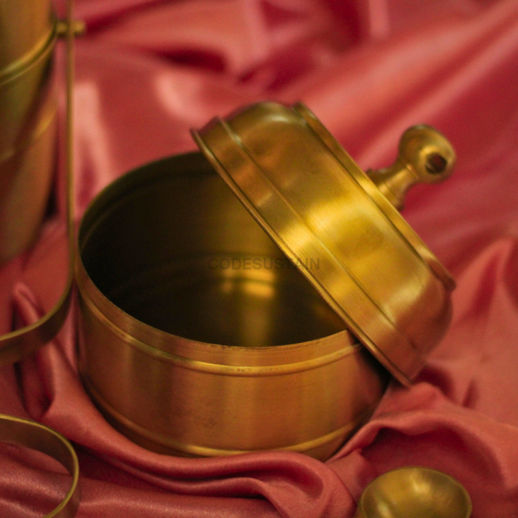 Handmade Brass Tiffin Box with Spoon | 3 layer Tiffin Box Serveware