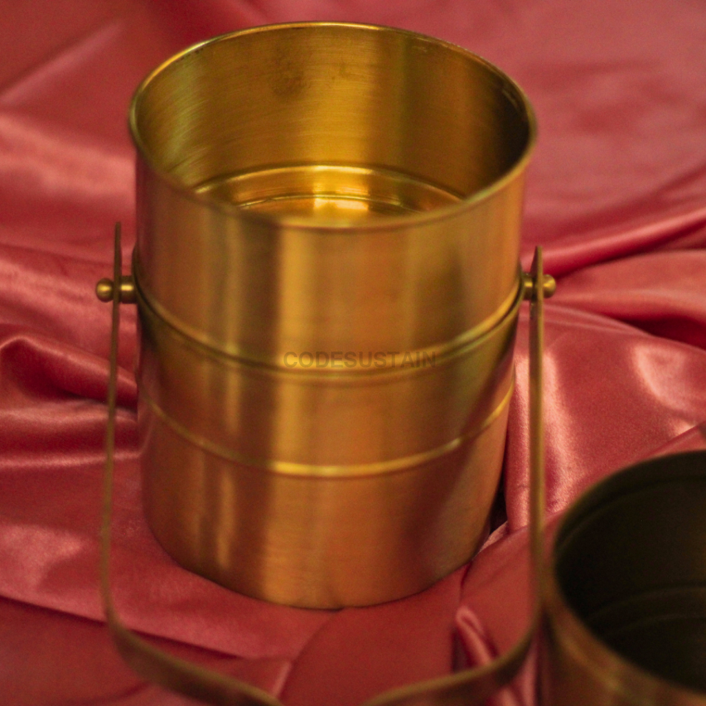 Handmade Brass Tiffin Box with Spoon | 3 layer Tiffin Box Serveware