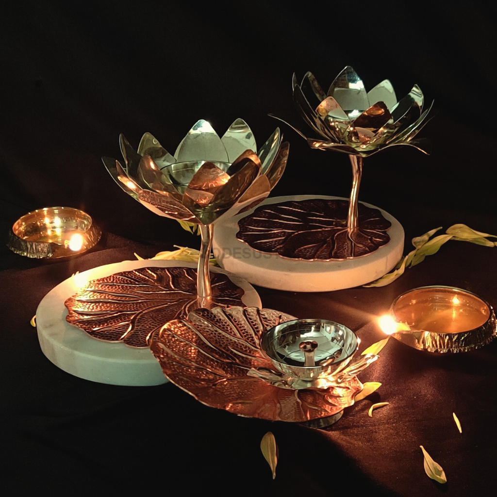 Luxury Copper Lotus Diya Stands with Marble Base | Large Diya Holders | Set of 3 for Prosperity and Calm CANDLE HOLDER