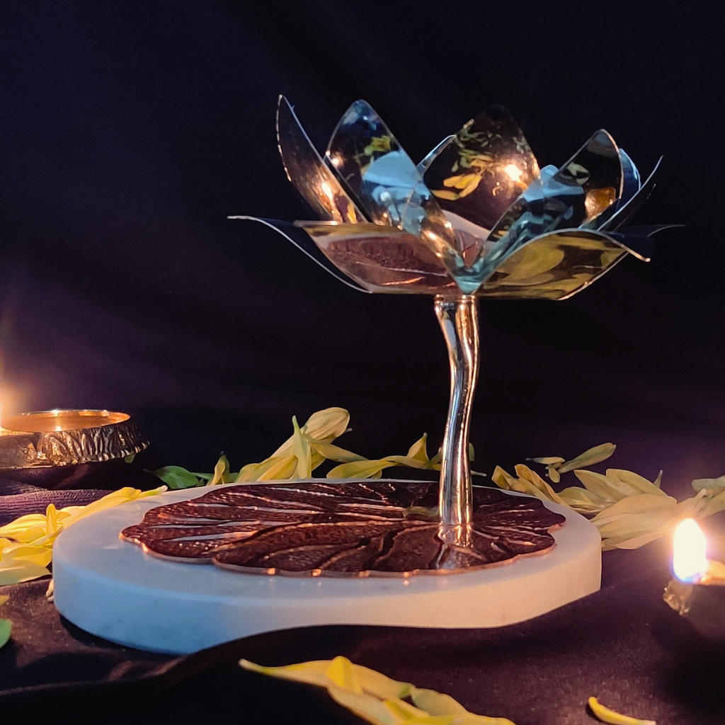 Luxury Copper Lotus Diya Stands with Marble Base | Large Diya Holders | Set of 3 for Prosperity and Calm CANDLE HOLDER