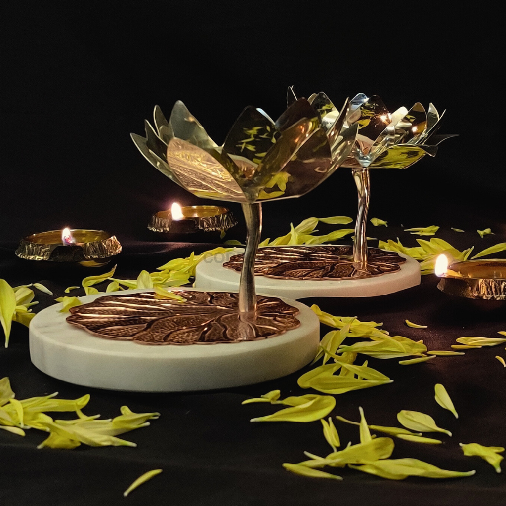Luxury Copper Lotus Diya Stands with Marble Base | Large Diya Holders | Set of 3 for Prosperity and Calm CANDLE HOLDER
