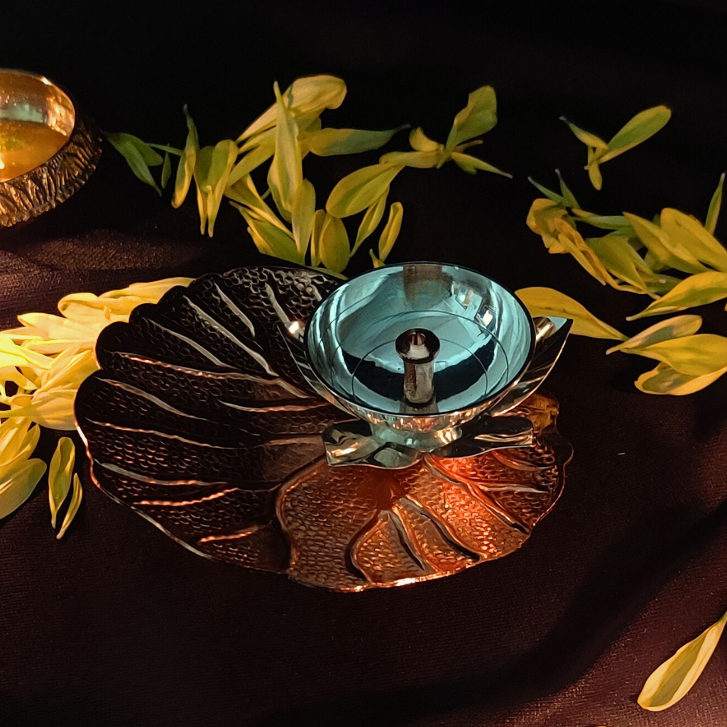 Luxury Copper Lotus Diya Stands with Marble Base | Large Diya Holders | Set of 3 for Prosperity and Calm CANDLE HOLDER