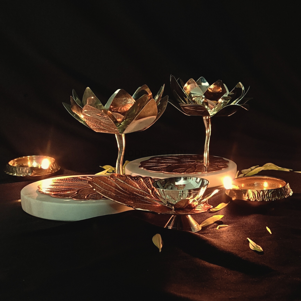 Luxury Copper Lotus Diya Stands with Marble Base | Large Diya Holders | Set of 3 for Prosperity and Calm CANDLE HOLDER