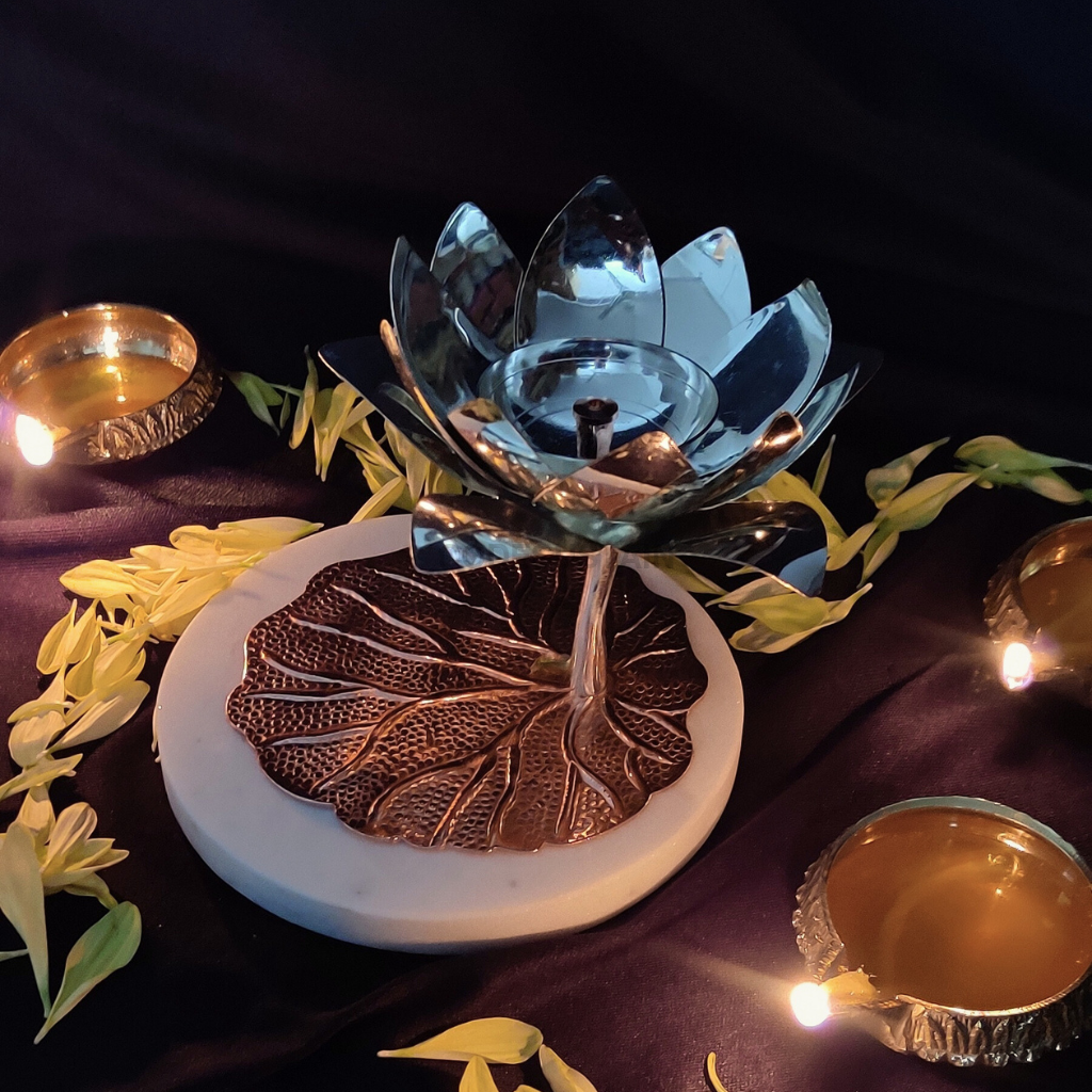 Luxury Copper Lotus Diya Stands with Marble Base | Large Diya Holders | Set of 3 for Prosperity and Calm CANDLE HOLDER