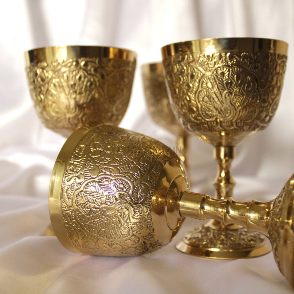 Ays Luxury Peacock Engraved Brass Wine Glasses Set Of 4 With Gift Box