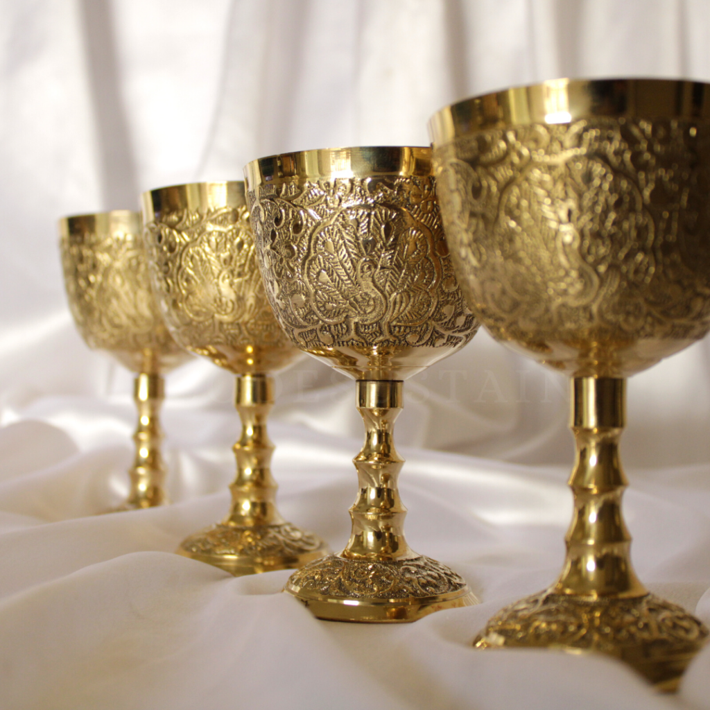 Ays Luxury Peacock Engraved Brass Wine Glasses Set Of 4 With Gift Box