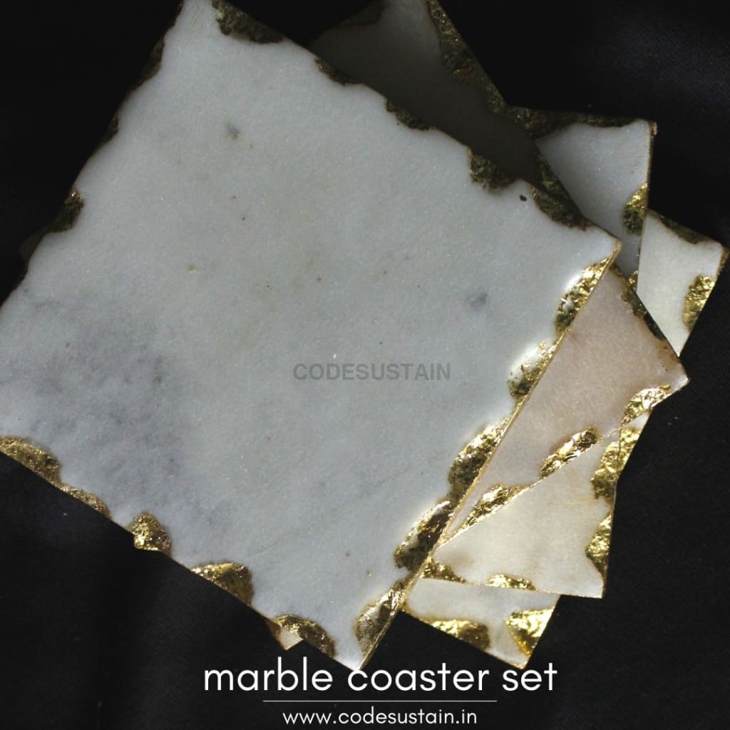 Marble Square Handcrafted Gold Plated Coaster | Luxury Coasters (Set Of 4)