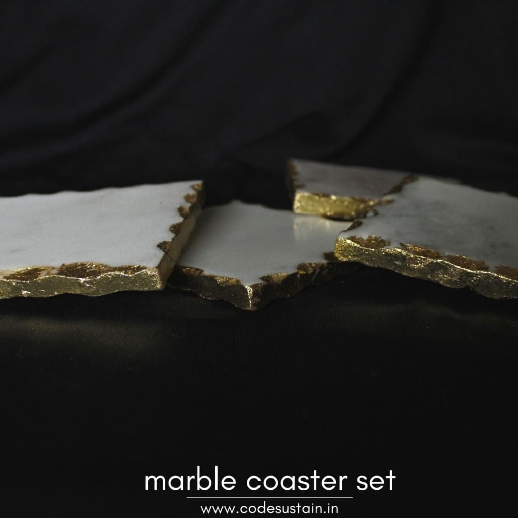 Marble Square Handcrafted Gold Plated Coaster | Luxury Coasters (Set Of 4) Set 4