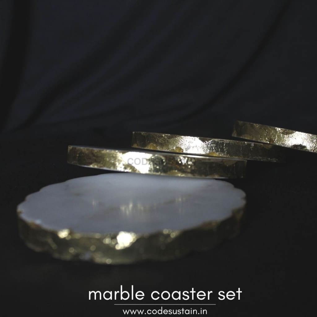 Marble Round Handcrafted Gold Plated Coaster | Luxury Coasters (Set Of 4)