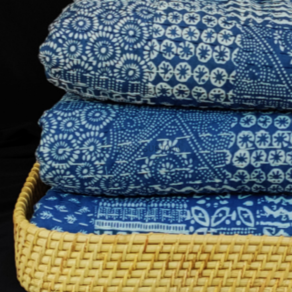 Kosa's Blue Indigo Print Quilting Kantha Original Handmade Kantha | Handstitched Quilt |Bedspread - Codesustain