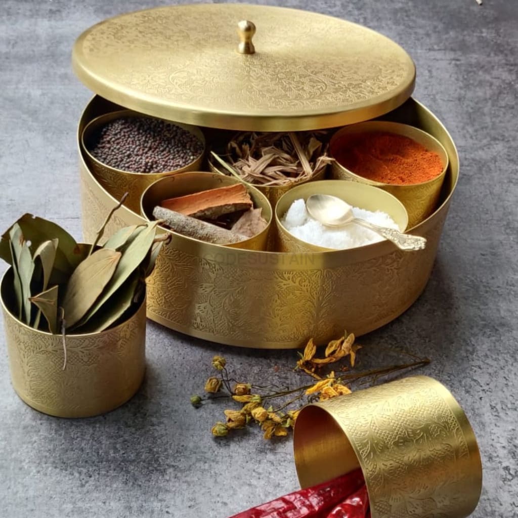 Pure Brass Large Masala Box, Spice Box, 8 inches