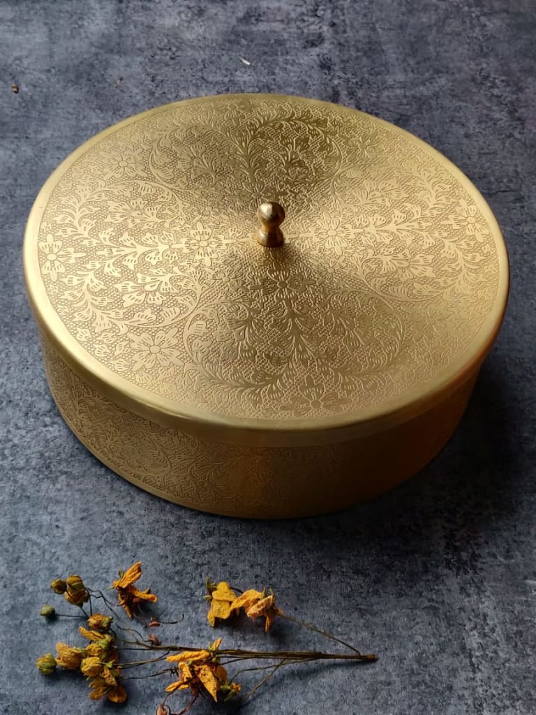 Ayās Pure Brass Large Masala Box | Spice Box | 8 inches - Codesustain