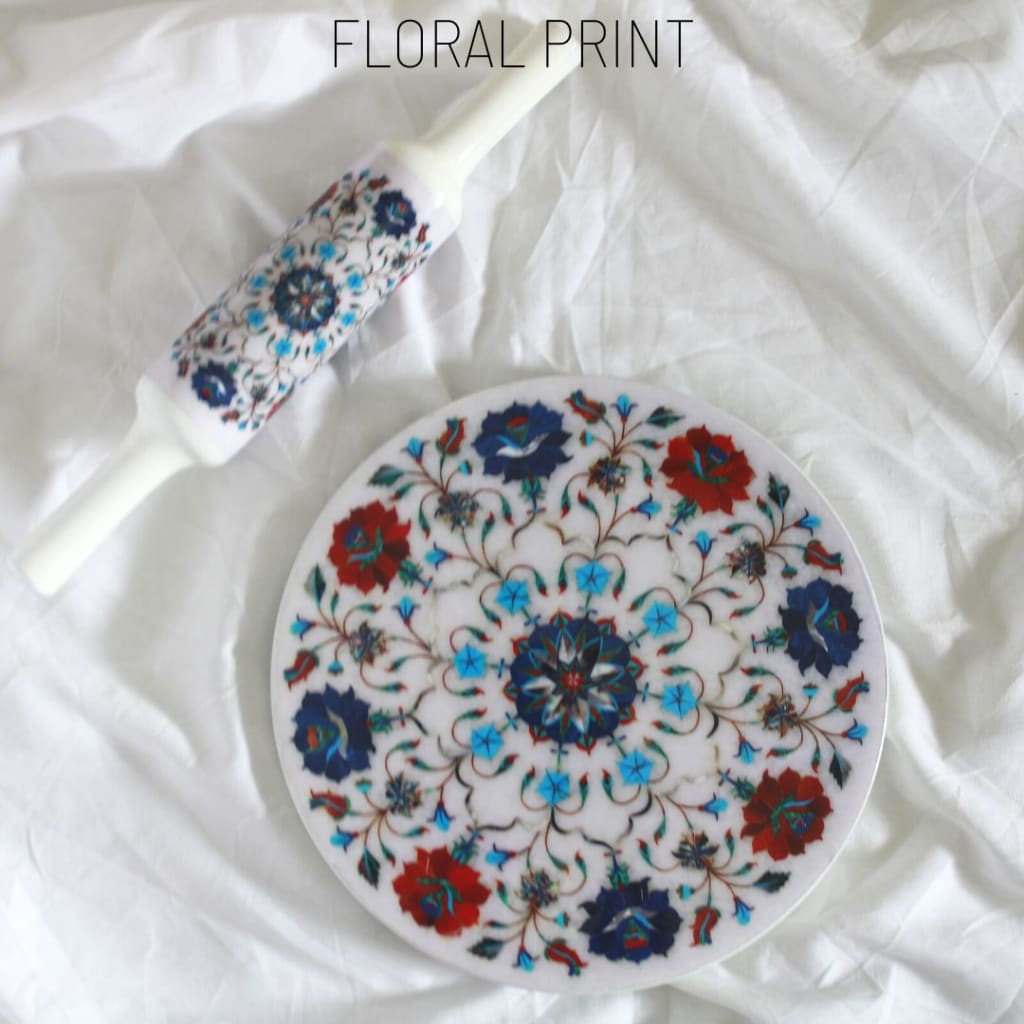 Stoneluxe Real Marble Chakla And Belan | Rolling Board Pin Set Floral Print